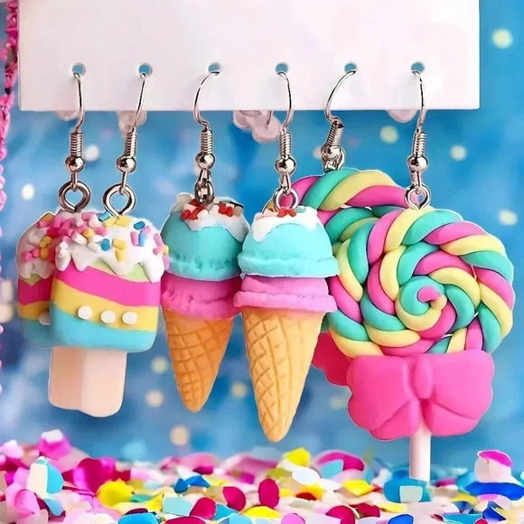 🆕️ Cute Cartoon Earrings Set - Ice Cream, Lollipop & Popsicle Fun Gift Idea - Picture 1 of 10
